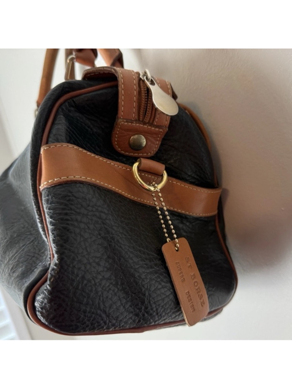 Saint Borse Vintage Satchel Purse Bag Pebbled Faux Leather Black Brown Lined - Picture 7 of 10